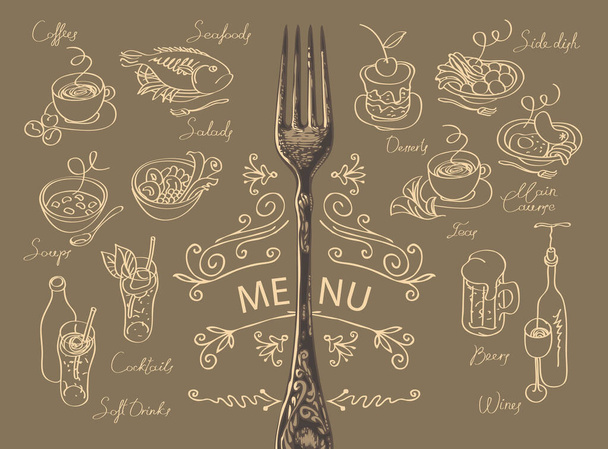 menu with fork and sketches of different dishes - Vector, Imagen