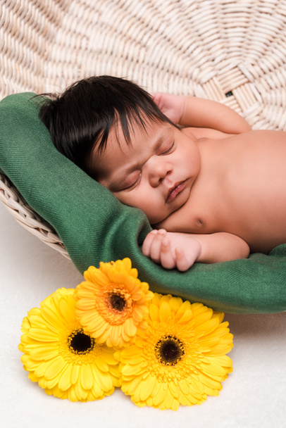 newborn mixed race baby sleeping in basket near flowers on white - Photo, Image