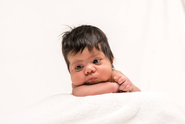 adorable and naked mixed race newborn baby isolated on white  - 写真・画像