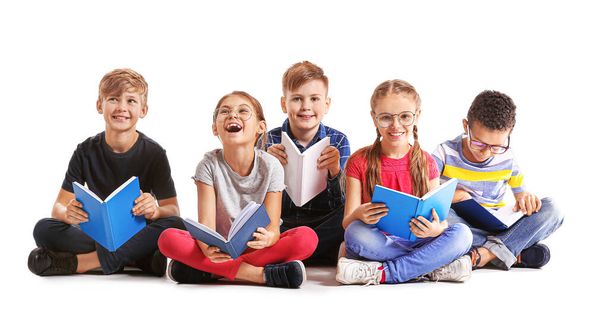 Cute little children reading books on white background - Photo, Image