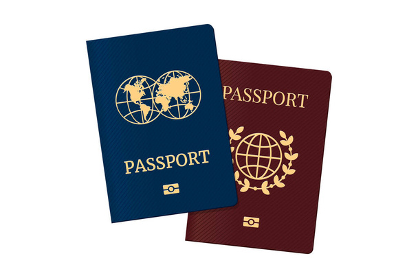 Pasaport ayarlandı. Kahverengi ve mavi kapaklı dünya haritası. Seyahat şablonu için biyometrik kimlik kartı. Vektör illüstrasyonu - Vektör, Görsel