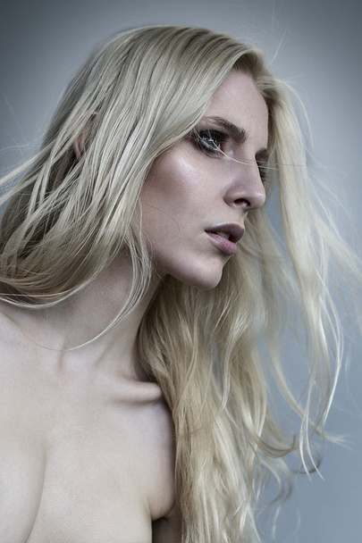 Portrait of beautiful girl with perfect long shiny blond hair studio shot - Photo, Image