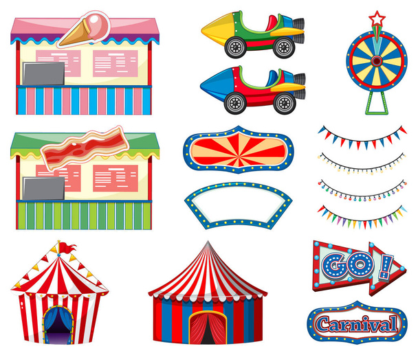 Conjunto de atracciones de circo y cabina de juego sobre fondo blanco
 - Vector, imagen