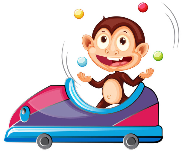 Monkey riding and juggling in the toy car - Vector, Image