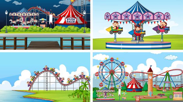 Vier achtergrond scènes met gelukkige apen in het circus park - Vector, afbeelding
