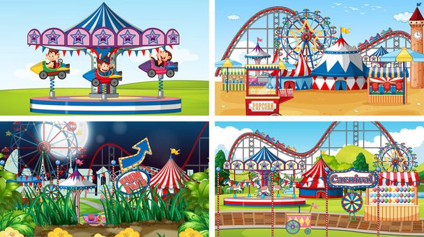 Four scenes with many rides in the fun fair - Vector, Image