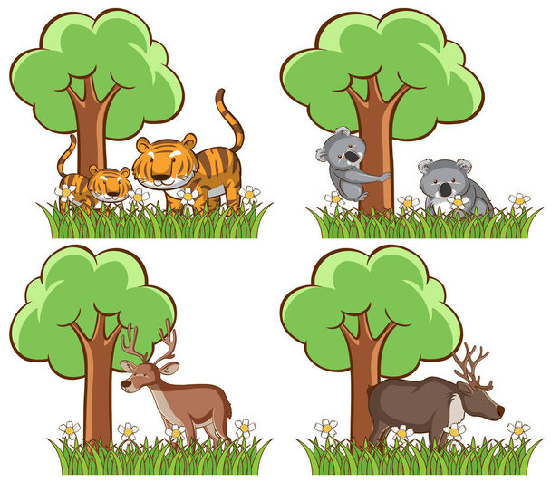 Σύνολο άγριων ζώων στο πάρκο με λίμνη και δέντρο - Διάνυσμα, εικόνα