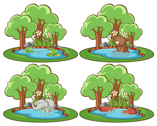 Set wilde dieren in het park met vijver en boom - Vector, afbeelding