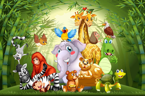 Много милых животных в бамбуковом лесу
 - Вектор,изображение