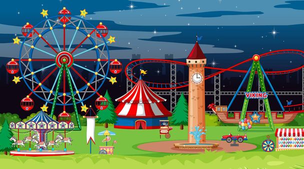 Scene with many circus rides in the park at night - Vector, Image