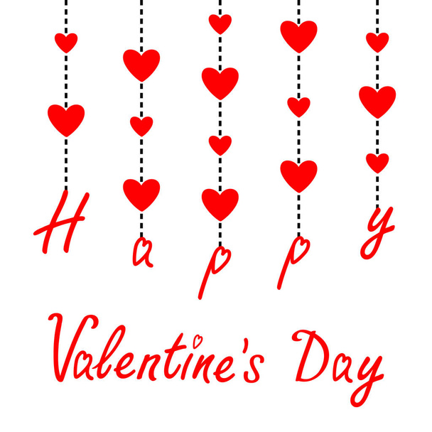 Happy Valentines Day. Hanging red hearts. Dash line. Love greeting card. White background. Isolated. Flat design. - Vettoriali, immagini