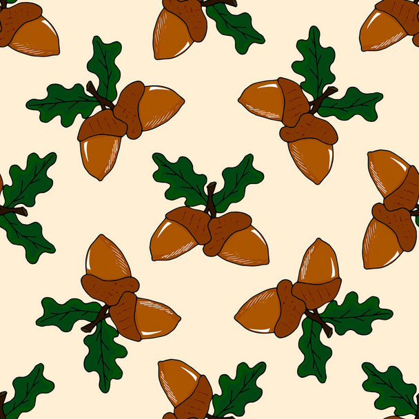 Seamless pattern with colorful acorns with leaves on a beautiful background doodle style. - Vecteur, image