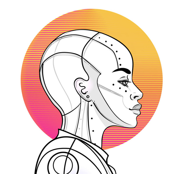 Porträt einer androiden Roboterin im Retro-Futurismus-Stil. Vektorillustration. eines Cyborgs in leuchtenden Neonfarben. futuristische Vorlage für Synth Wave Flyer. - Vektor, Bild