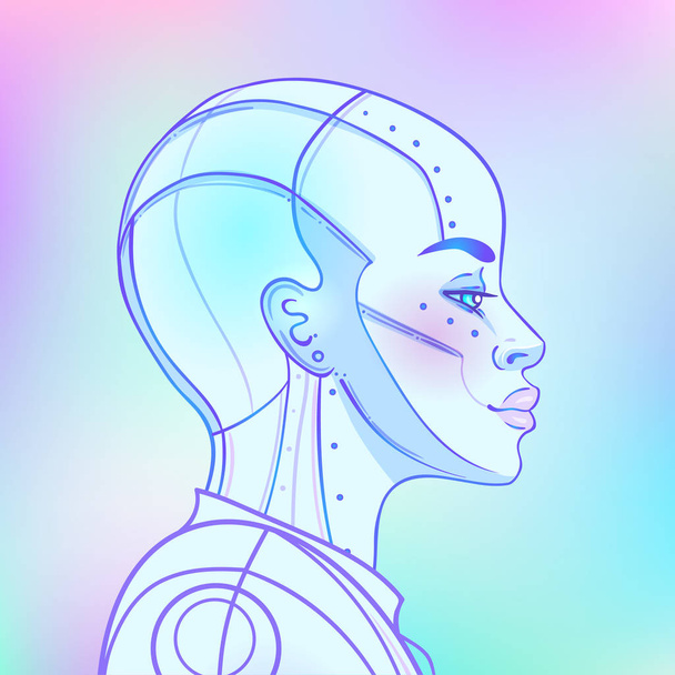 Portret van robot androïde vrouw in retro futurisme stijl. Vector illustratie. van een cyborg in gloeiende neon heldere kleuren. futuristische synth wave flyer sjabloon. - Vector, afbeelding