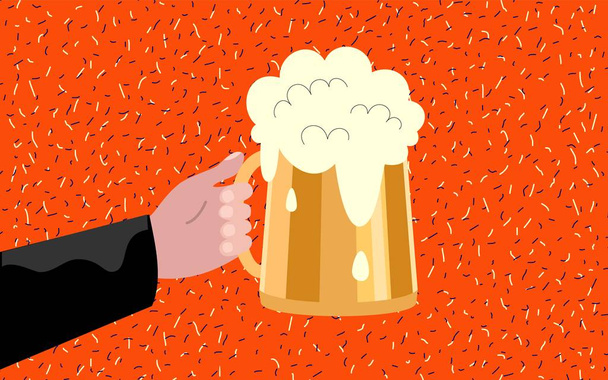 Man hand with a beer mug on which the froth cap rises - Vector, Image