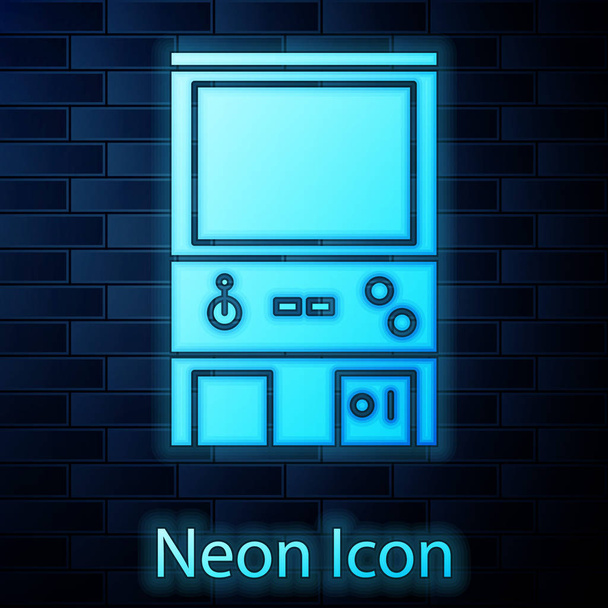 Glowing neon Retro arcade game machine icon isolated on brick wall background. Vector Illustration - Vector, Image