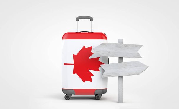 Canada flag travel suitcase with wooden guide signpost. 3D Render - Zdjęcie, obraz