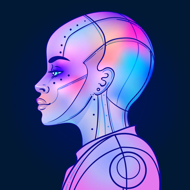 Retrato de mujer androide robot en estilo futurista retro. Ilustración vectorial. de un cyborg en colores brillantes de neón brillante. plantilla de volante de onda sintética futurista. - Vector, Imagen