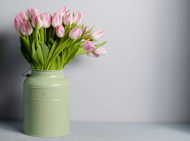 patter for spring card. Bouquet of pink tulips. copy space  - Fotó, kép