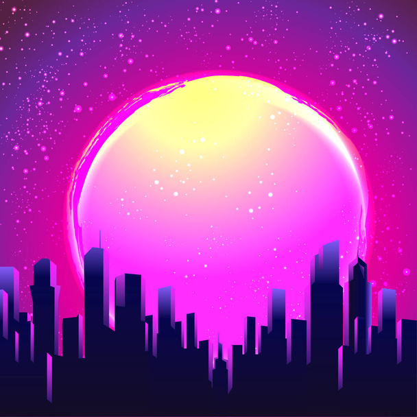 Retro Futurism. Vector futuristic synth wave illustration. 80s Retro poster Background with Night City Skyline. Rave party template in 1980s style. - Vector, Image