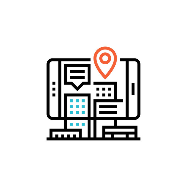 Geo Pin Tag на мобільному дисплеї. Смартфон з картою на екрані. Gps, Destination, Traveling, Map Navigation, Location, Road Direction and pointer marker icon concept Посилання на таблицю. - Вектор, зображення