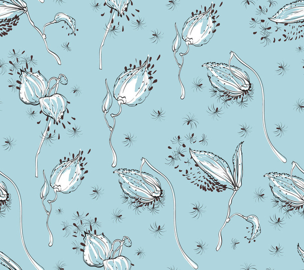 Seamless pattern Vector floral design with asclepias syriaca on pale blue background - Vector, Image