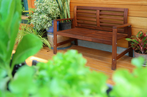 Dark Brown Wooden Bench at the Terrace Among Green Foliage, Selective Focus and Blurred Foreground - Фото, зображення