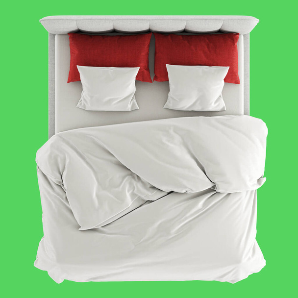 Ένα μαλακό γκρι κρεβάτι με λευκή κουβέρτα και ένα σεντόνι και κόκκινα-λευκά μαξιλάρια σε ανοιχτό πράσινο φόντο. Στο πάνω μέρος. 3d απόδοση - Φωτογραφία, εικόνα