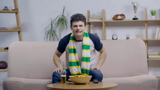 displeased sport fan drinking beer and watching championship  - Materiał filmowy, wideo