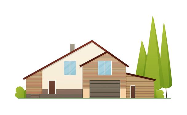 Houses exterior vector illustration front view with roof. Home facade with doors and windows. Modern town house cottage. Real estate building icon isolated vector illustration - Vector, Image