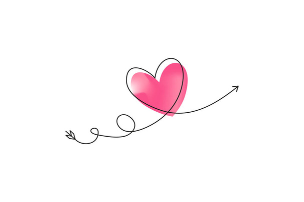 Cupid s arrow in the continuous drawing of lines in the form of a heart with pastel neon color design. Continuous black line. Work flat design. Symbol of love and tenderness. - Vector, Image
