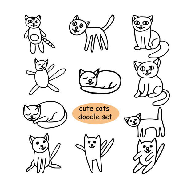 Χαριτωμένες γάτες ζωγραφισμένες στο χέρι σε στυλ doodle. Σύνολο στοιχείων για κάρτα σχεδιασμού - Διάνυσμα, εικόνα