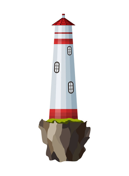 Vector flat lighthouse. Cartoon landscape. Searchlight tower for maritime navigational guidance. Architecture object. Flat building lighthouse on bank - Vector, Image