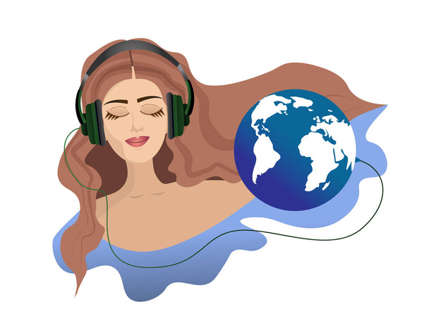 Cute girl with closed eyes and planet Earth. - Vector, Image