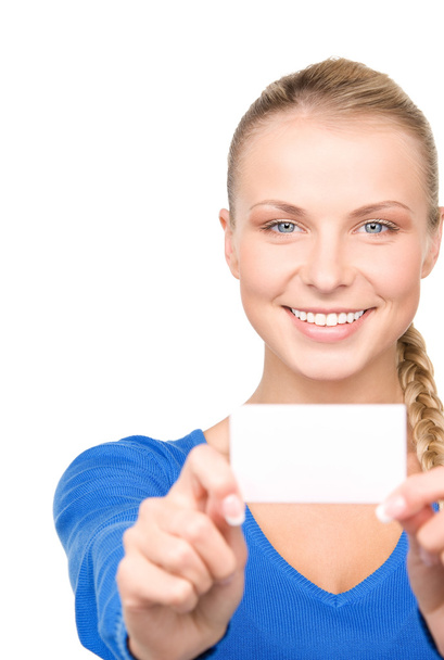 Happy woman with business card - Φωτογραφία, εικόνα