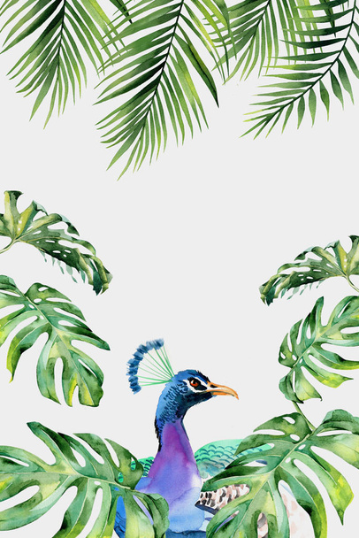 3d Wandmalerei Illustration Hintergrund mit Blumen, dekorativen und grünen Zweigen Tapete. Pfauenauge. Porträt - Foto, Bild