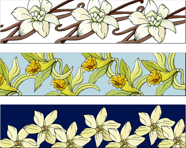 Set van bloemen bladwijzers, flyers met witte en gele vanille kleuren voor lay-out, huisstijl en design. Realistische vector illustratie. - Vector, afbeelding