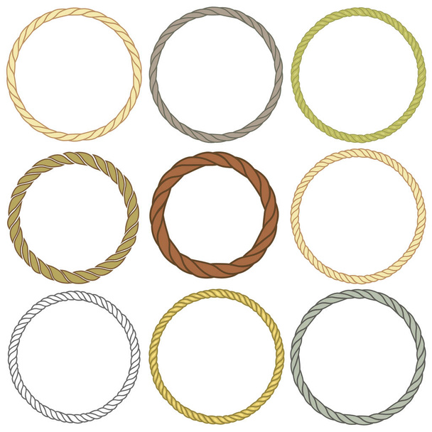 Set of round rope frame. Collection of thick and thin circles isolated on a white background. Rope circle wreaths for use as a decorative element, for a logo or emblem.  Vector - Vector, Image