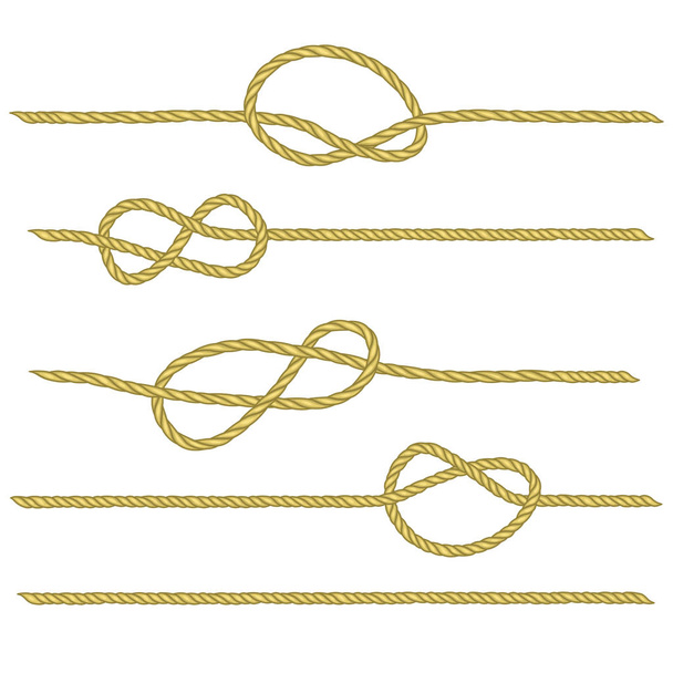 Seilsatz mit verschiedenen Knoten. Zeichnung im Zusammenhang mit maritimen. Seemannsseil, das den nautischen Knoten bindet. Vektorbürste. - Vektor, Bild