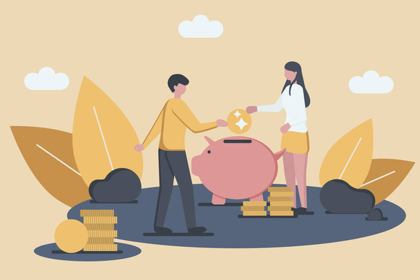 Empresário e mulher de negócios estão colocando moedas de ouro em um Piggy Bank, para o trabalho em equipe ou projeto de conceito de fundo de investimento. Estilo plano. Ilustração vetorial
 - Vetor, Imagem