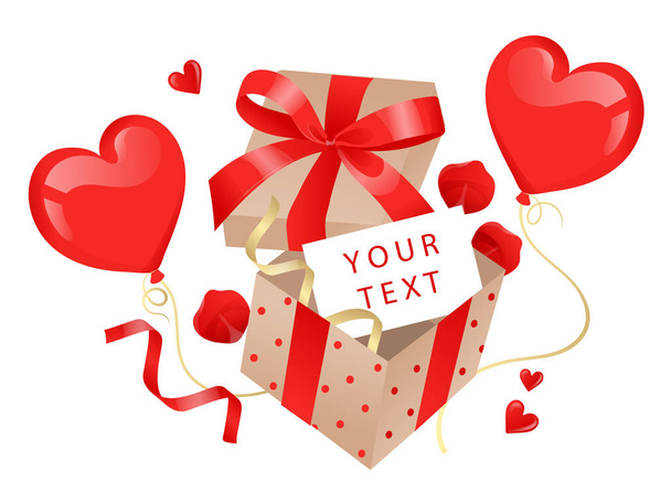 Happy Valentines Day Concept. Red Gift Box With Balloons in Hearts Shape, Ribbons and Bow Isolated on the White Background. Gift Card Design Template. Flat Style. Vector Illustration - Vector, Image