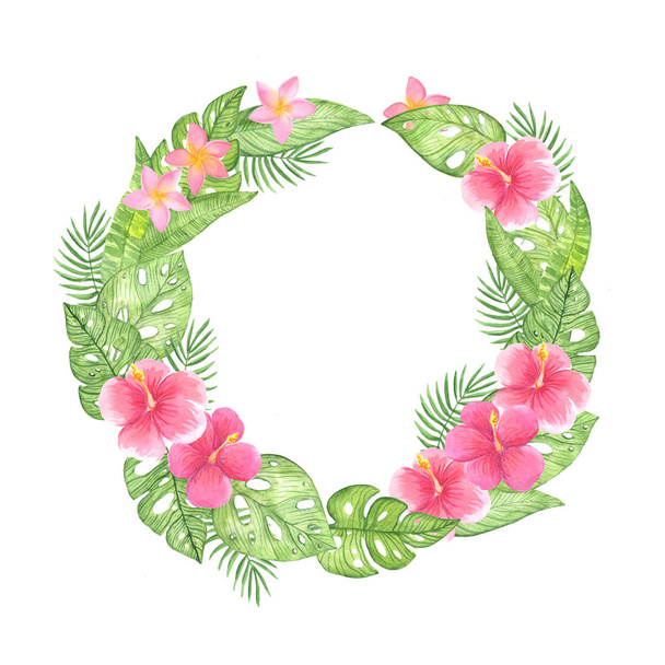 watercolor illustration round frame wreath of green tropical leaves on a white background. - Fotoğraf, Görsel