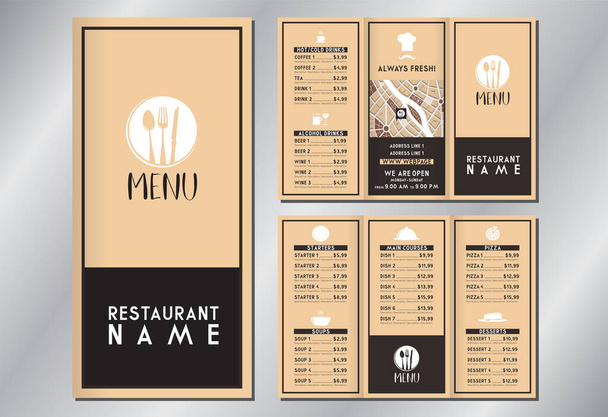 Modèle de menu restaurant vintage / rétro - (entrées, soupes, plats principaux, pizza, desserts, boissons) - brochure triple - 3 x DL (99x210 mm
) - Vecteur, image