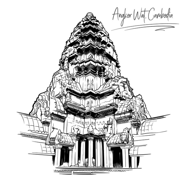 Il fulcro del tempio di Angkor Wat. Schizzo in bianco e nero isolato su sfondo bianco
. - Vettoriali, immagini