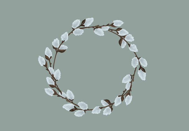 Pussy Willow Wreath on Blue Background set - Vettoriali, immagini
