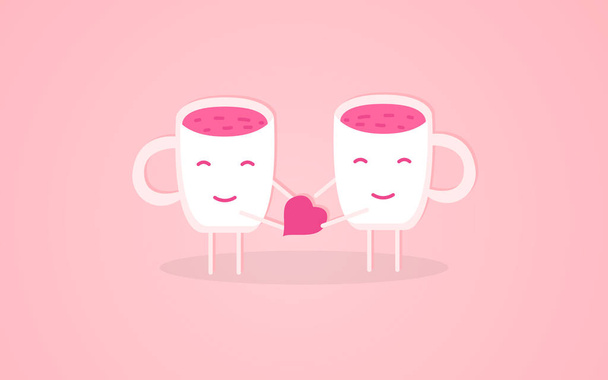 Ένα κύπελλο δίνει μια καρδιά σε ένα άλλο κύπελλο, doodle χαρακτήρες στην αγάπη διανυσματική απεικόνιση σε ένα ροζ φόντο - Διάνυσμα, εικόνα