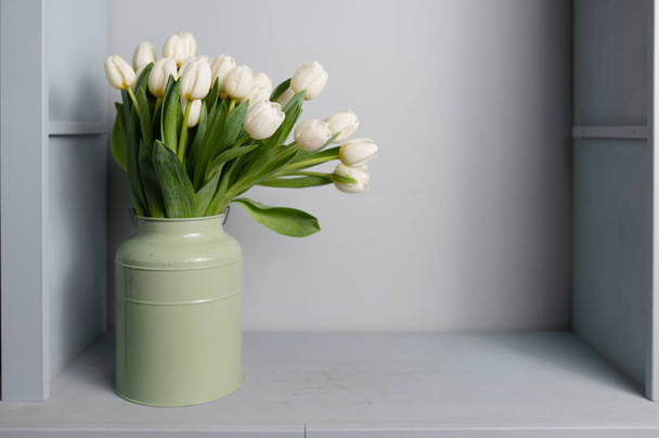 bouquet of tulips in front of spring scene. Copy space. Pattern  - Fotó, kép