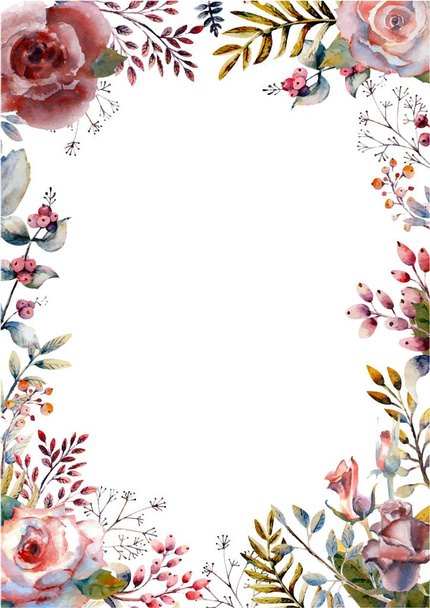 Rojo, rosas de acuarela rosa, flores, bayas en un marco de orientación vertical sobre un fondo blanco aislado. Flores brillantes, hojas, para saludos de boda, Papel pintado, moda, fondo, textura, pac
 - Vector, Imagen