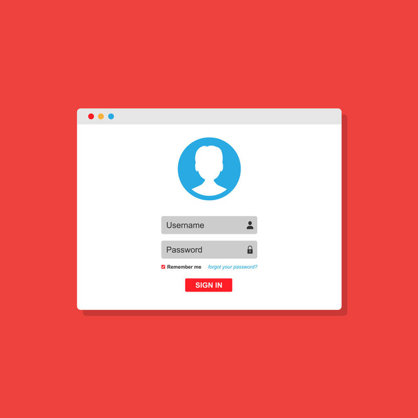 Login form, login page open in a web browser window. - Vector, Image