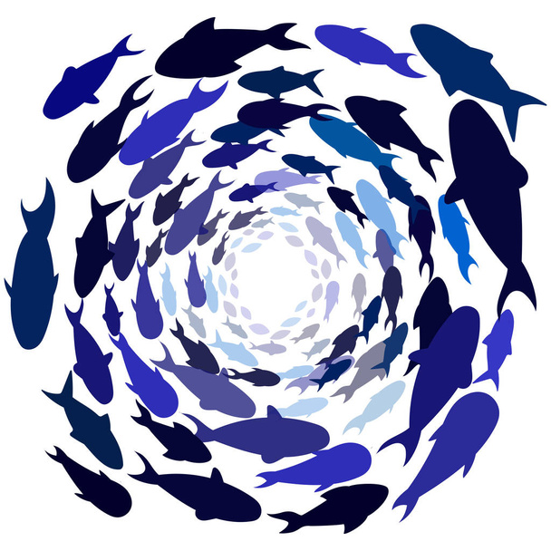 school van blauwe vis in een cirkel. Shoal van zeevissen zwemmen in groep onderwater in de oceaan. Vectorbeeld. diep onder water. klassiek blauw - Vector, afbeelding